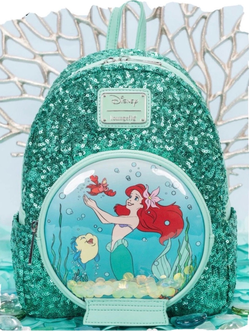 Rare Exclusive Loungefly Disney Teal Sequin Ariel Round Front Pocket Backpack